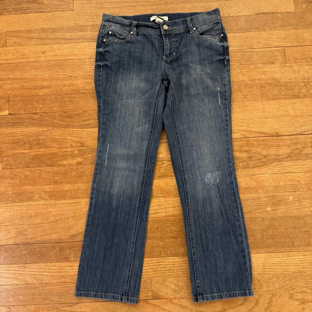 White House Black Market dark wash low rise straight leg distressed jeans 2
 b45
